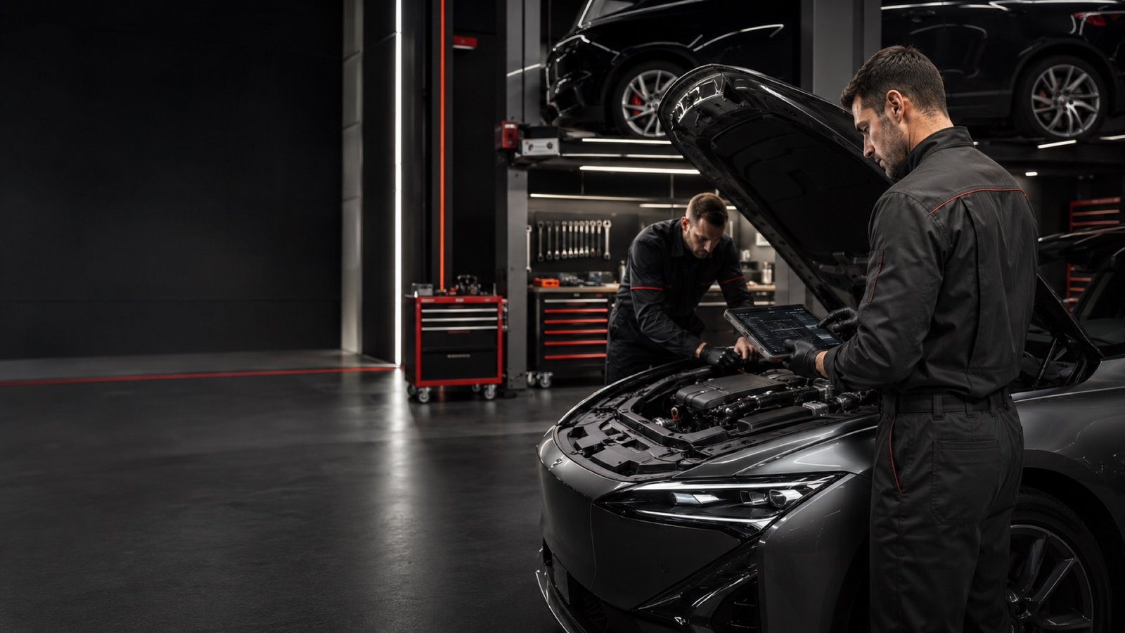 Mécaniciens réalisant un diagnostic électronique sur un moteur