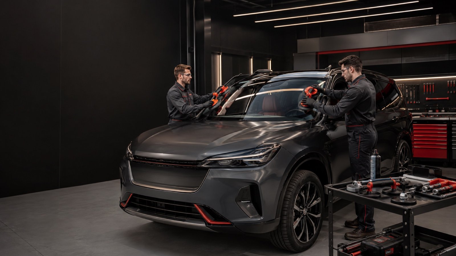 Deux techniciens posant un pare-brise sur un SUV