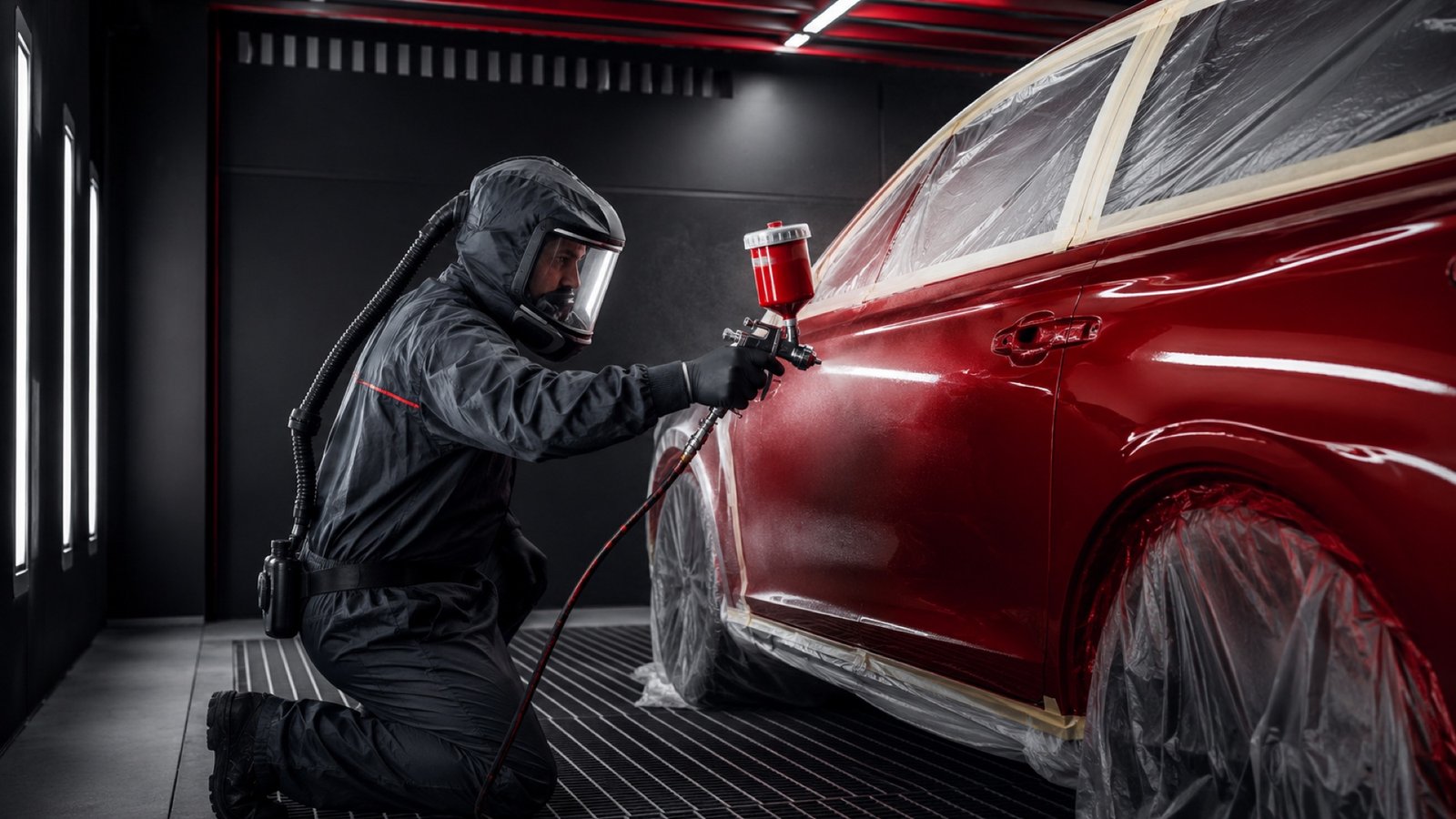 Peintre automobile appliquant une teinte rouge au pistolet en cabine