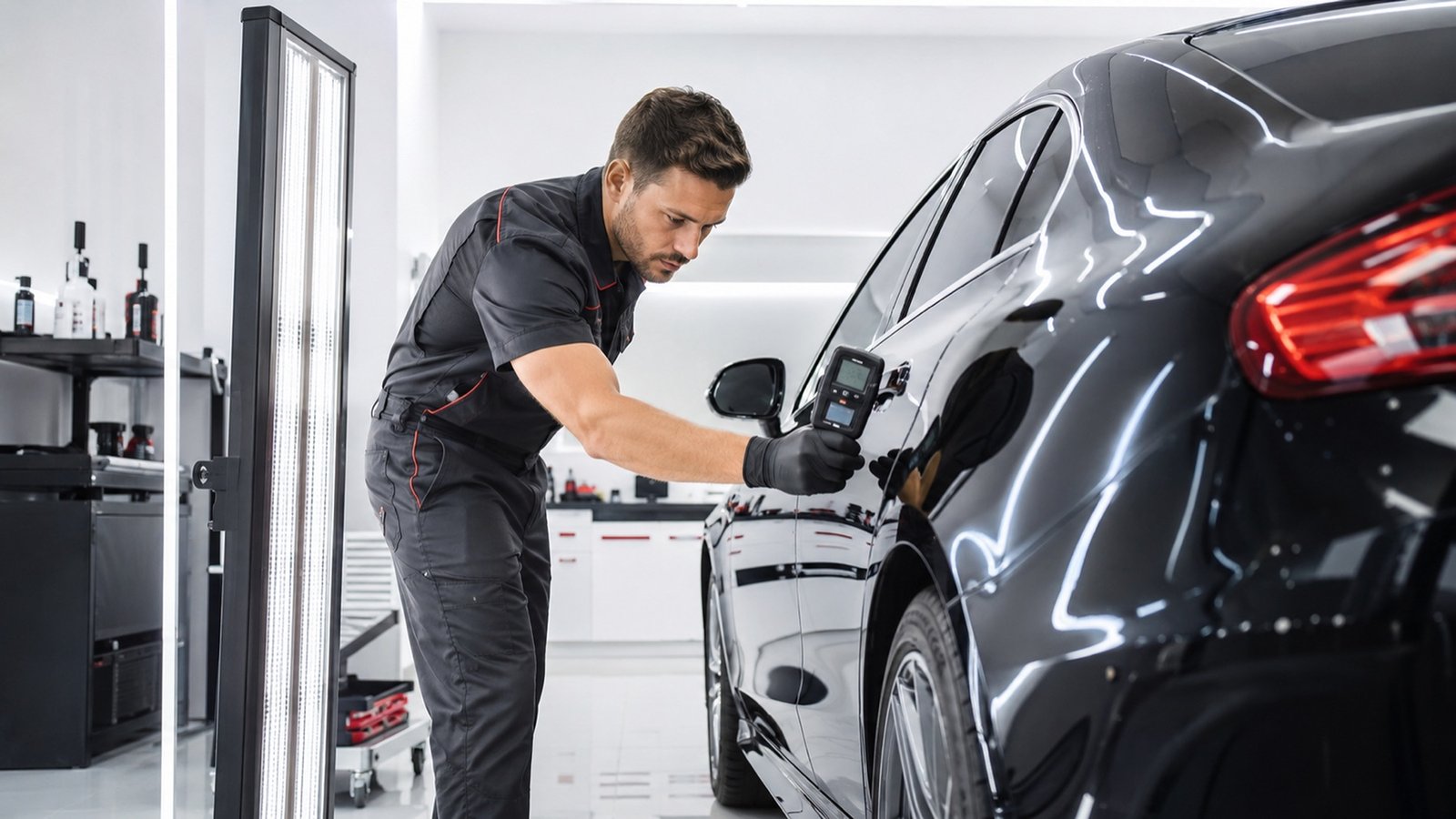 Mesure de l'épaisseur du vernis — lustrage et polissage carrosserie, atelier CPM-531 à Évreux